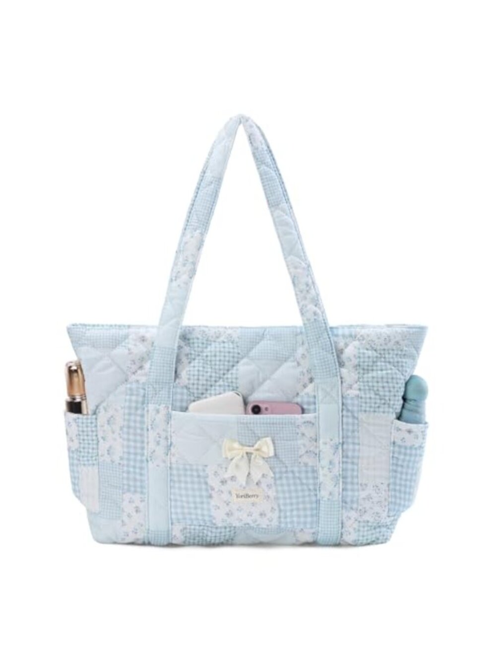 Quilted Floral Tote Bag Cotton Nylon Zipper Shoulder Bag Hand-Carry